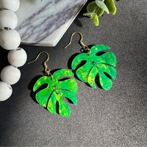 Monstera Leaf Earrings Glitter Green Earrings dangle